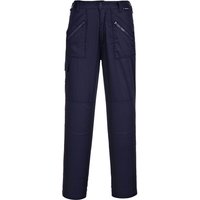 Navy Portwest ladies action trousers with multiple zippered pockets and reinforced knees, size M, regular fit.
