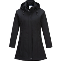 Black Portwest Ladies Carla Softshell Jacket 3L, medium, with hood, zip closure, and adjustable drawstrings.