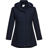 Navy Portwest Ladies Carla Softshell Jacket 3L, XS size, with hood, front zipper, and two zippered pockets.