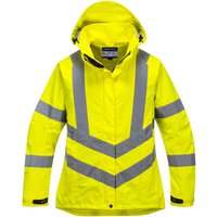 Yellow Portwest ladies hi-vis jacket with reflective stripes, hood, and breathable fabric, size 3XL.