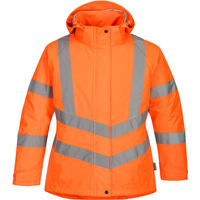 Orange hi-vis winter jacket with reflective stripes, hood, and front zipper closure, designed for women by Portwest.