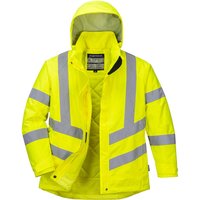 Yellow Portwest ladies hi-vis winter jacket with reflective stripes, hood, and quilted lining, size L.