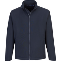 Navy blue softshell jacket with full front zipper and high collar, designed for men by Portwest.