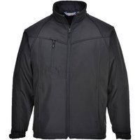 Black Portwest Oregon softshell jacket, 4XL, with high collar, zippered chest pocket, and front zipper closure.
