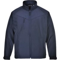 Navy Portwest Oregon softshell jacket with high collar, zip closure, and chest pocket, size XXL.