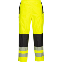 Yellow and black Portwest PW3 ladies rain trousers with reflective bands, elastic waistband, and side pockets, size XL.