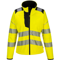 Yellow Portwest PW3 Ladies Softshell Jacket, black accents, reflective stripes, high collar, zip front, XXL size.