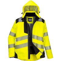 Yellow and black Portwest PW3 Ladies Winter Jacket with reflective stripes, hood, and zippered front, size 3XL.