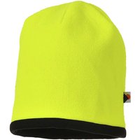 Reversible hi-vis beanie hat by Portwest, bright yellow with black trim, fleece material, small logo tag on side.