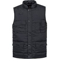 Black Portwest Shetland Bodywarmer, sleeveless with multiple pockets, quilted design, and snap-button front closure.