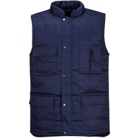 Navy Portwest Shetland bodywarmer with multiple pockets, snap buttons, and high collar, size XS.