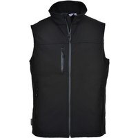 Black Portwest softshell bodywarmer with front zipper, three pockets, and sleeveless design.