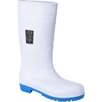 White Portwest Wellington boots with blue soles, embossed design, and safety label on the side.