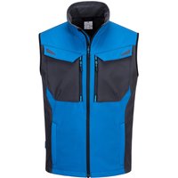 Blue and black Portwest WX3 Softshell Gilet with zip closure, high collar, and multiple front pockets.