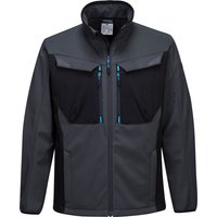 Metal grey Portwest WX3 softshell jacket, 4XL, with black panels, zippered pockets, and blue accents.