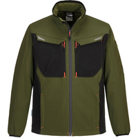 Olive Portwest WX3 Softshell Jacket, 3XL, with black panels, zippered pockets, and orange accents.
