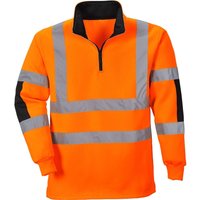 Orange Portwest Xenon Rugby Shirt with reflective stripes, black collar, and cuffs, size S.