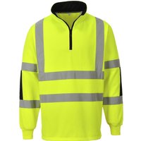 Yellow Portwest Xenon Rugby Shirt, 3XL, with reflective stripes, black collar, and half-zip front.