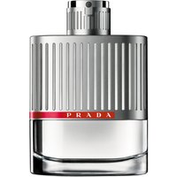 Prada Luna Rossa Eau de Toilette 150ml spray, silver ribbed bottle with red stripe and clear base.