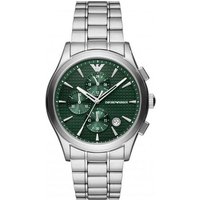 Emporio Armani AR11529 watch, 42mm stainless steel, green dial, chronograph features, silver bracelet.