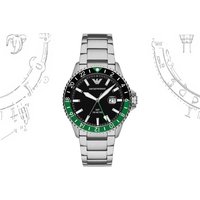 Stainless steel Emporio Armani diver GMT watch with black and green dial, 42mm case, and date display.