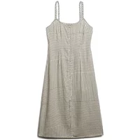 Printed button-up long dress with thin straps, vertical stripes, and a fitted bodice by Superdry.