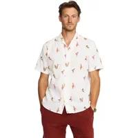 White short-sleeve Cuban shirt with colorful abstract prints, button-up front, and relaxed fit.