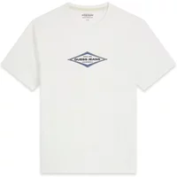 White Guess T-shirt with diamond-shaped logo in blue and black on the chest.