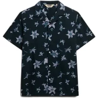 Navy blue Superdry Cabana shirt with white floral print and short sleeves.