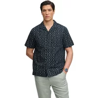 Navy blue Superdry Premium shirt with geometric white pattern, short sleeves, and button-down front.