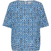 Blue and white geometric print women's blouse with short sleeves and round neckline.