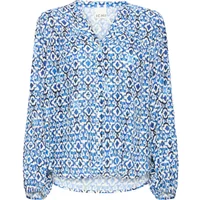 Blue and white patterned women's blouse with long sleeves and a V-neck, featuring a geometric print design.