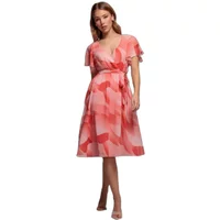 Pink and red printed wrap dress with short flutter sleeves and a tie waist by Goddiva.