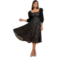 Black Goddiva Jacquard Midi dress with puff sleeves, square neckline, and flowing chiffon fabric.