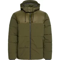 Olive green puffer jacket with hood, front zipper, and drawstring by Blend BHEshan.