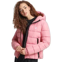 Pink Superdry Spirit Sports puffer jacket with hood, black zipper, and logo on chest.