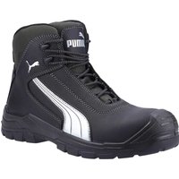Black Puma men's mid safety boots with white stripe, padded collar, and reinforced toe.