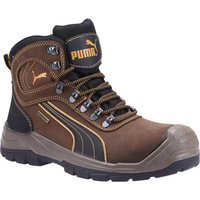 Brown Puma Sierra Nevada Mid Safety Boots with black accents, metal eyelets, and reinforced toe.