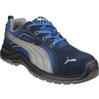 Blue and gray Puma Safety Omni Sky Low shoe with suede finish, blue laces, and Puma logo on the side.