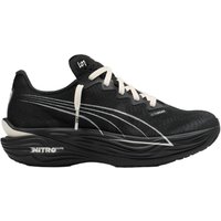 Black Puma Deviate Nitro Elite 3 running shoe with white laces, sleek design, and prominent white Puma logo.