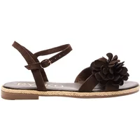 Brown suede leather sandals with ankle strap and floral embellishment on the toe by Ryłko Kaja.