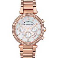 Rose gold Michael Kors chronograph watch with crystal-studded bezel and white dial featuring three subdials.