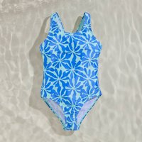 Bright blue Regatta Katrisse swimming costume with white leaf pattern, sleeveless, for ages 9-10 years.