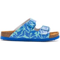 Aqua infant sandals with double buckle straps, floral pattern, cork footbed, and blue sole.