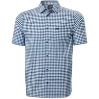 Blue and white checkered short sleeve shirt by Helly Hansen with button-up front and small logo on chest.