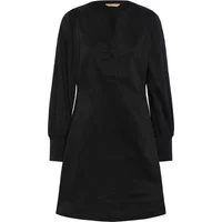 Black ribbed dress with long sleeves, V-neckline, and knee-length hem by CULTURE CUzila Antoinett.