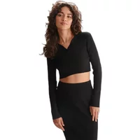 Black ribbed knit jumper for women, long sleeves, V-neck, cropped fit, by 24 Colours.