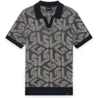 Ribbed knit polo by Lyle & Scott, gray with black collar, geometric pattern, and emblem on chest.