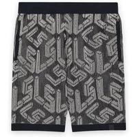 Gray ribbed shorts with black waistband, featuring an intricate geometric pattern and Lyle & Scott emblem.