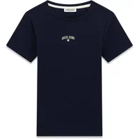 Navy blue ribbed trim T-shirt with subtle front embroidery, short sleeves, and crew neckline by Guess.